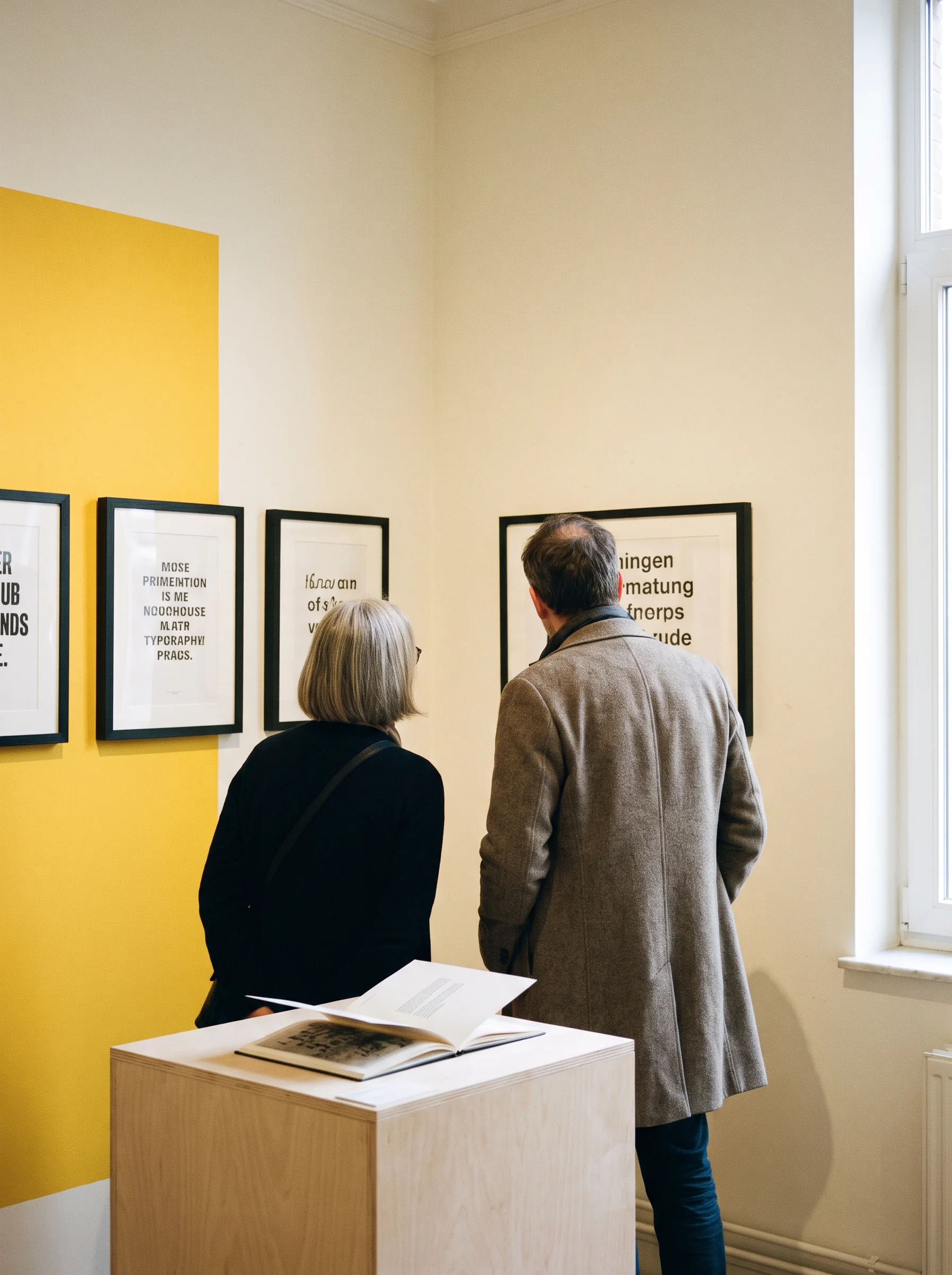 Bezoekers bekijken een kleine tentoonstelling met drukwerk
